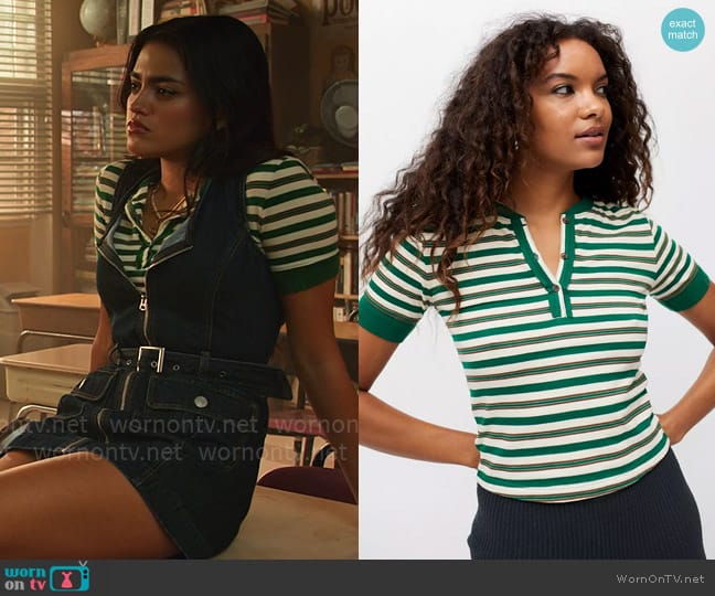 BDG at Urban Outfitters Harvey Striped Henley Tee worn by Noa Olivar (Maia Reficco) on Pretty Little Liars Original Sin