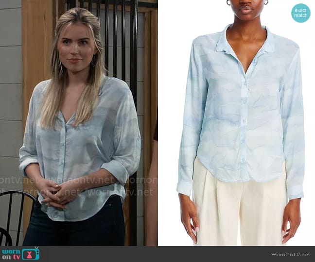 Bella Dahl Capri Button Down Shirt in Waves Camo Print worn by Sasha Gilmore (Sofia Mattsson) on General Hospital