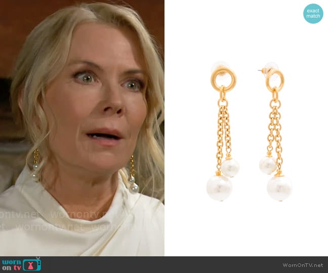 Ben Amun Double Pearl Linear Drop Earrings worn by Brooke Logan (Katherine Kelly Lang) on The Bold and the Beautiful