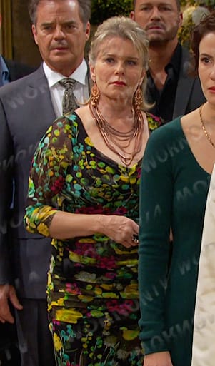 Bonnie’s black floral ruched mesh dress on Days of our Lives