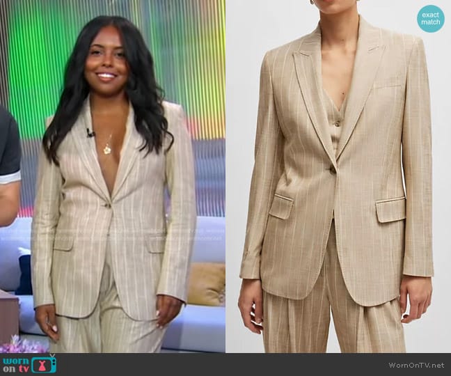 Boss Regular-Fit Jacket in Pinstripe Material with Signature Lining worn by Adrienne Warren on Good Morning America