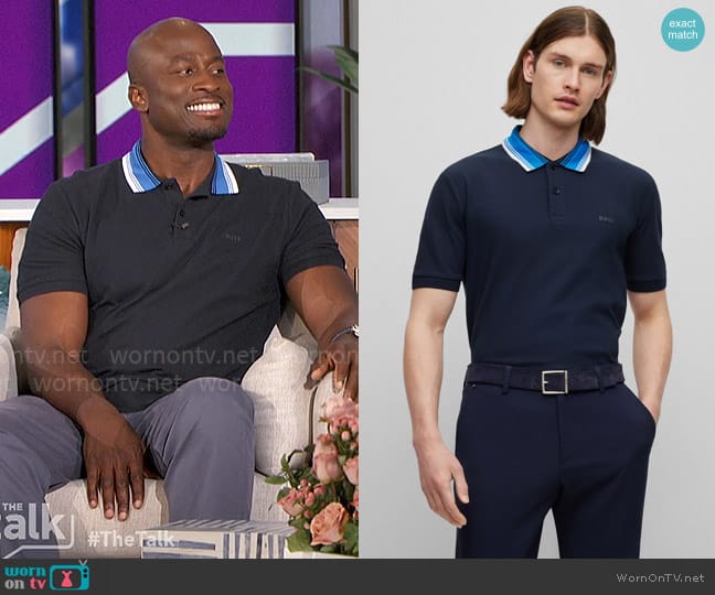 BOSS Cotton-piqué slim-fit polo shirt with striped collar worn by Akbar Gbajabiamila on The Talk