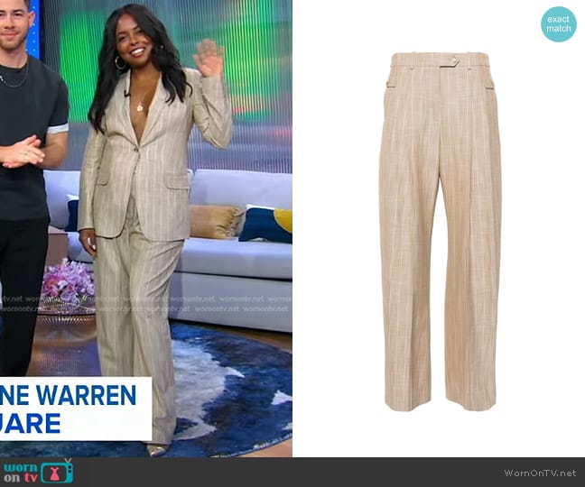 Boss Pinstriped Wide-Leg Trousers worn by Adrienne Warren on Good Morning America