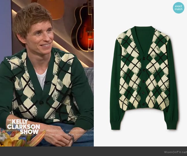 Burberry Argyle Cotton Cardigan worn by Eddie Radmayne on The Kelly Clarkson Show