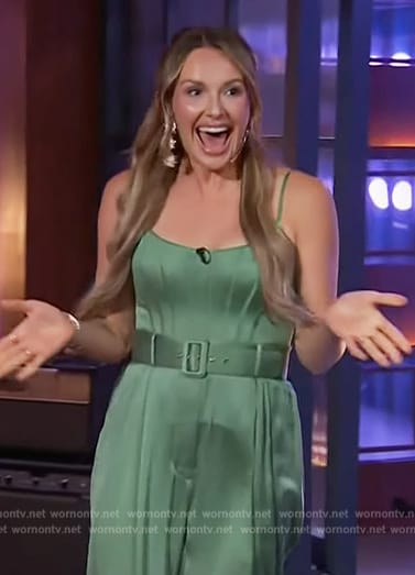 Carly Pearce's green corset top and pants on The Kelly Clarkson Show