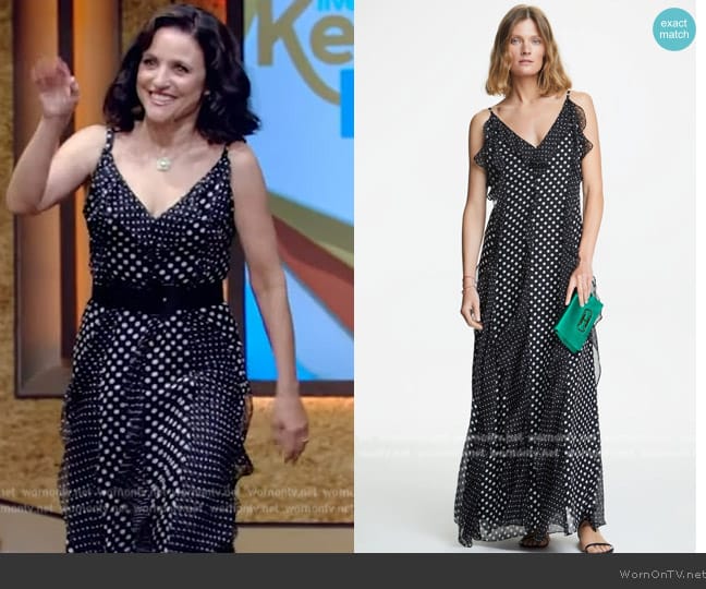 Carolina Herrera Ruffled Silk Chiffon Dress with Polka Dots worn by Julia Louis-Dreyfus on Live with Kelly and Mark