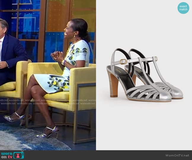 Celine Claude Silver Leather T-strap Sandals worn by Deborah Roberts on Good Morning America