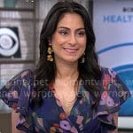 Dr Celine Gounder’s blue floral wrap dress on CBS Mornings