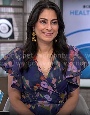 Dr Celine Gounder's blue floral wrap dress on CBS Mornings