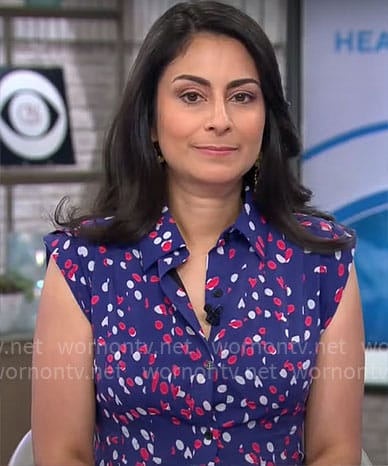 Dr Celine Gounder's blue dotted print dress on CBS Mornings