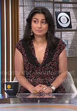 Dr Celine Gounder's red floral print dress with lace insets on CBS Mornings