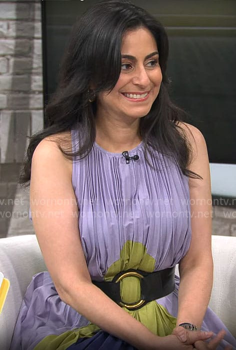 Dr Celine Gounder's purple pleated dress on CBS Mornings