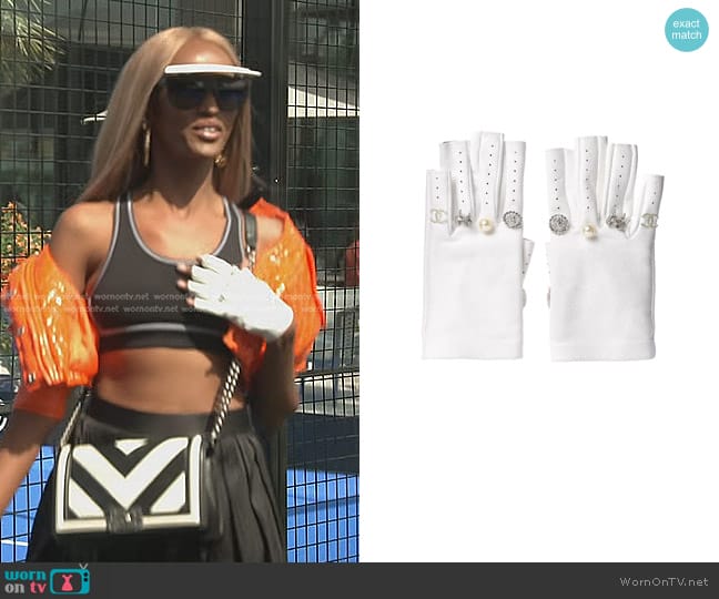 Chanel Lambskin Charms Fingerless Gloves in White worn by Chanel Ayan (Chanel Ayan) on The Real Housewives of Dubai