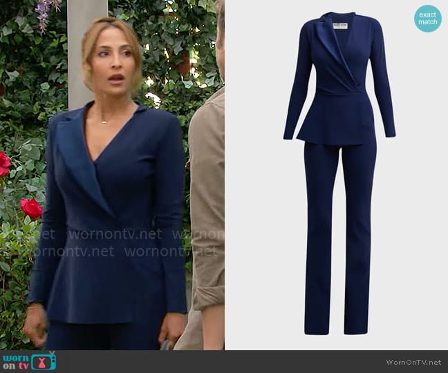 Chiara Boni La Petite Robe Satin Lapel Long-Sleeve Peplum Jumpsuit worn by Lily Winters (Christel Khalil) on The Young and the Restless