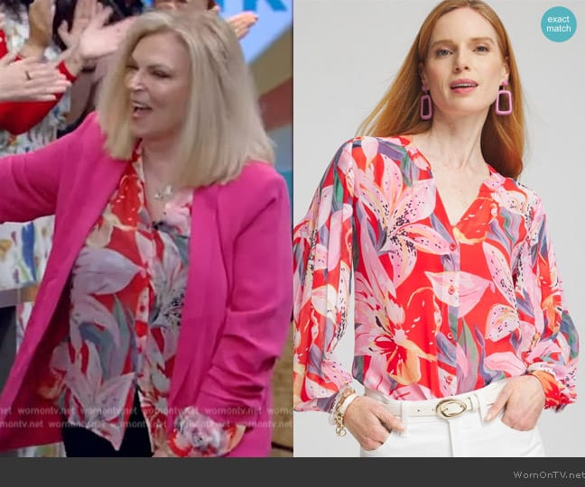 Chico's Floral Pleated Sleeve Blouse worn by Char Margolis on Live with Kelly and Mark