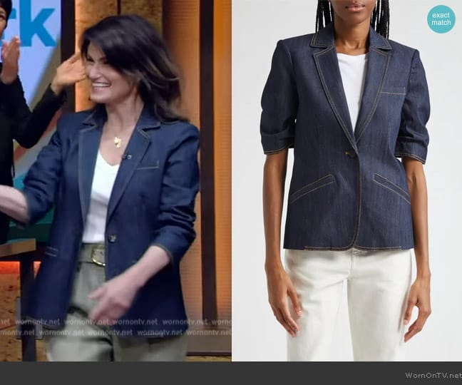 Cinq a Sept Khloe Denim Blazer worn by Idina Menzel on Live with Kelly and Mark