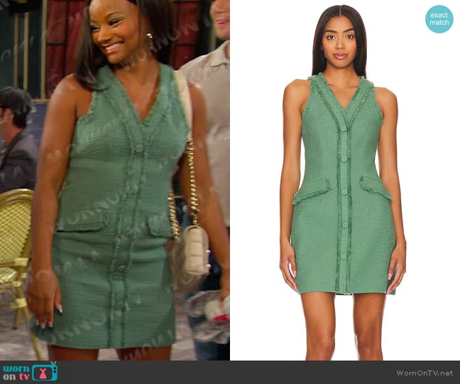 Cinq a Sept Leisha Dress in Frosted Spruce worn by Chanel Dupree (Raven Bowens) on Days of our Lives