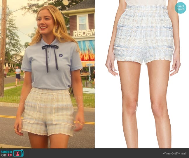 Cinq a Sept Allen Boxweave Short in Skylight worn by Kelly Beasley (Mallory Bechtel) on Pretty Little Liars Original Sin