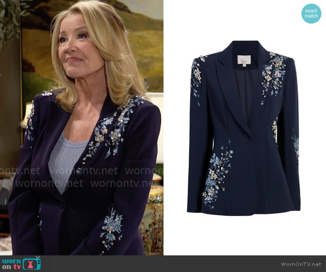 Cinq a Sept Cheyenne Blazer in Coastal worn by Nikki Reed Newman (Melody Thomas-Scott) on The Young and the Restless