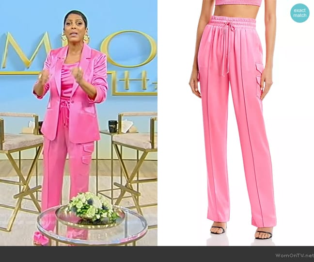 Cinq a Sept Sarie Satin Drawstring Pants in Electric Pink worn by Tamron Hall on Tamron Hall Show