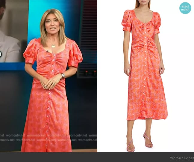 Cinq a Sept Ximena Summer Waves Satin Midi-Dress worn by Kit Hoover on Access Hollywood