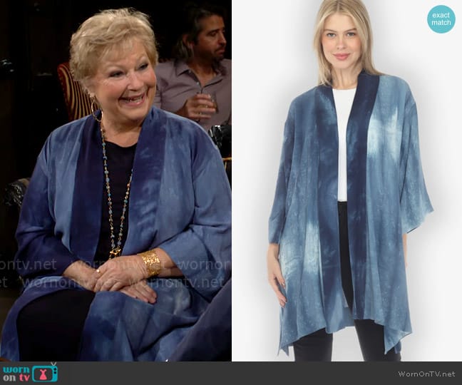 Citron Tie Dye Crepe Blue Kimono Jacket worn by Traci Abbott (Beth Maitland) on The Young and the Restless