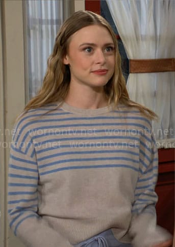 Claire's beige and blue striped sweater on The Young and the Restless