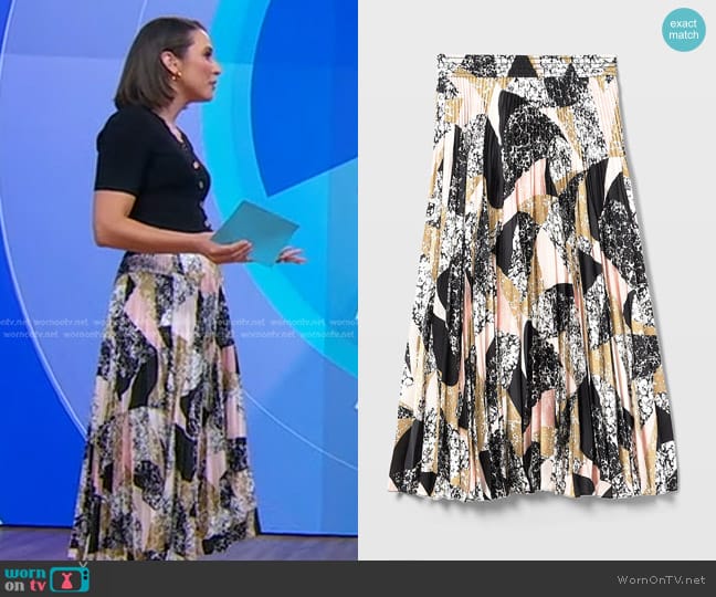 Club Monaco Pleated Midi Skirt in Shadow Floral Splice worn by Elizabeth Schulze on Good Morning America