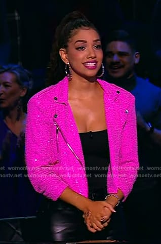 Corinne’s pink sequin moto jacket and leather pants on Beat Shazam