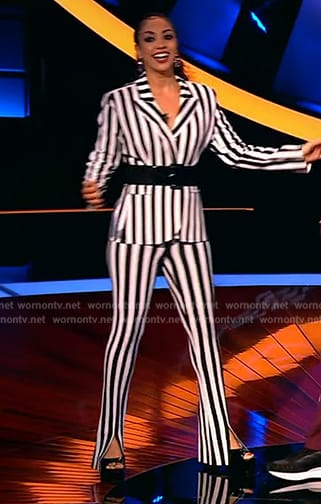 Corinne's stripe blazer and pants on Beat Shazam