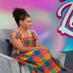 Damona Hoffman’s multicolored check dress on Access Hollywood