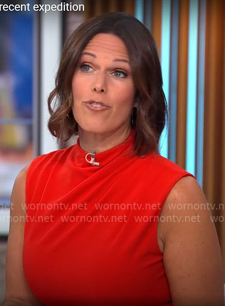 Dana Jacobson's red draped shoulder dress on CBS Saturday Morning