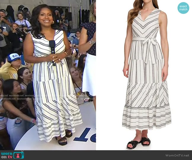 DKNY Linen Stripe Print V-Neck Sleeveless Tie Waist Maxi Dress worn by Sheinelle Jones on Today