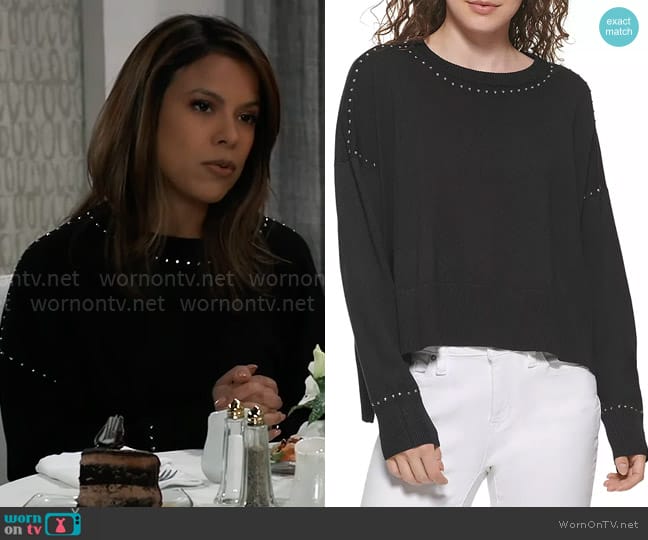 DKNY Studded Crewneck Sweater worn by Alison 'Blaze' Rogers (Jacqueline Grace Lopez) on General Hospital