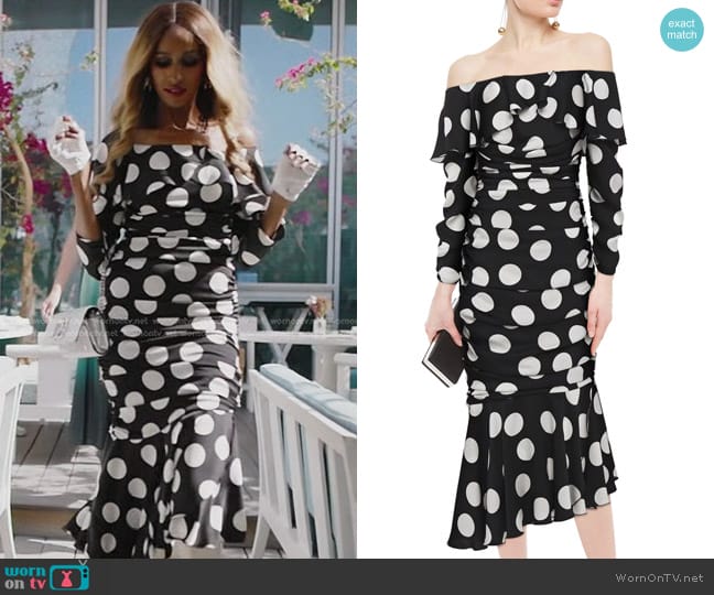 Dolce & Gabbana Off-the-Shoulder Ruffled Polka-dot Dress worn by Chanel Ayan (Chanel Ayan) on The Real Housewives of Dubai