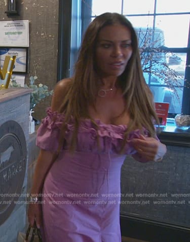 Dolores’s purple off shoulder ruffle dress on The Real Housewives of New Jersey