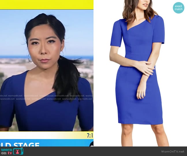 Dress the Population Ruth Asymmetric Neck Midi Dress in cobalt worn by Selina Wang on Good Morning America