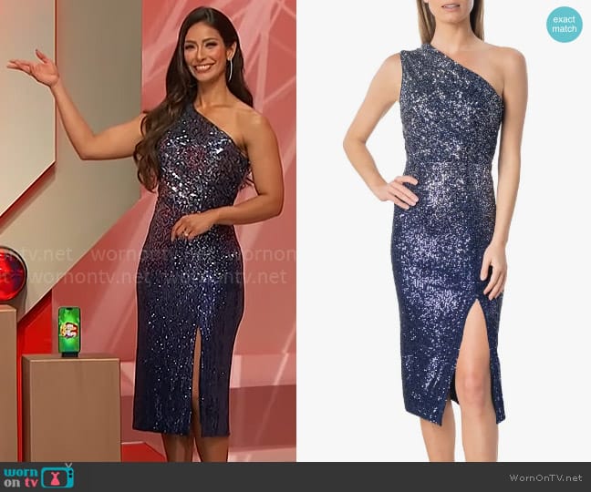 Dress the Population Palmer Dress in Navy worn by Manuela Arbeláez on The Price is Right