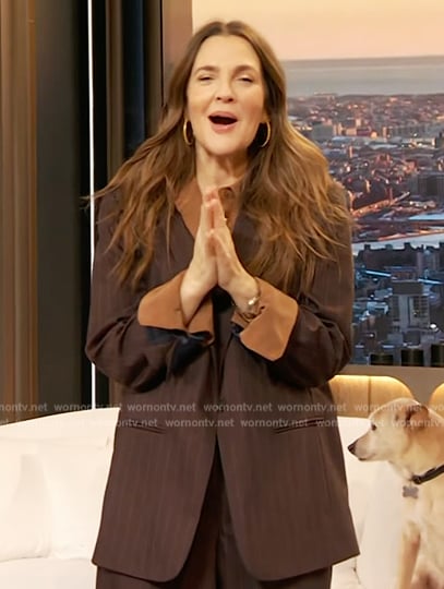 Drew's brown pinstripe blazer and pants on The Drew Barrymore Show