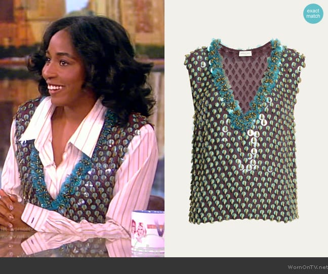 Dries Van Noten College Embellished Plunging Tank Top worn by Ayo Edebiri on The View