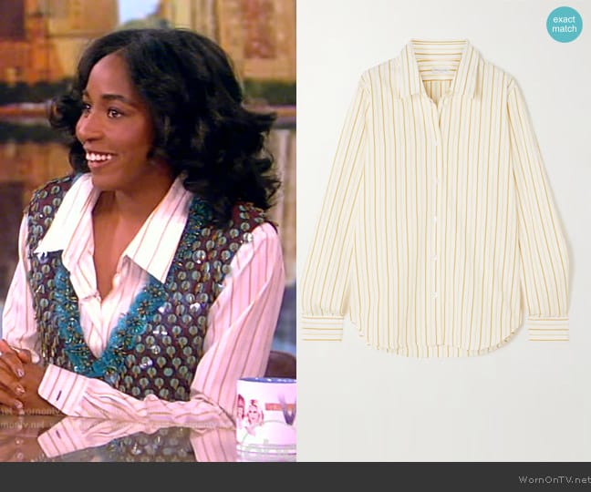 Dries Van Noten Grosgrain-trimmed striped cotton-poplin shirt worn by Ayo Edebiri on The View