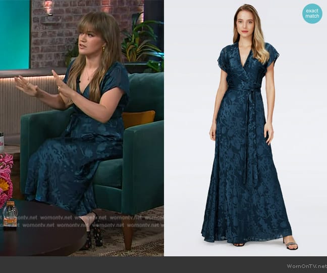 Diane von Furstenberg Roselin Faux Wrap Dress in Mystic Shadow Floral worn by Kelly Clarkson on The Kelly Clarkson Show