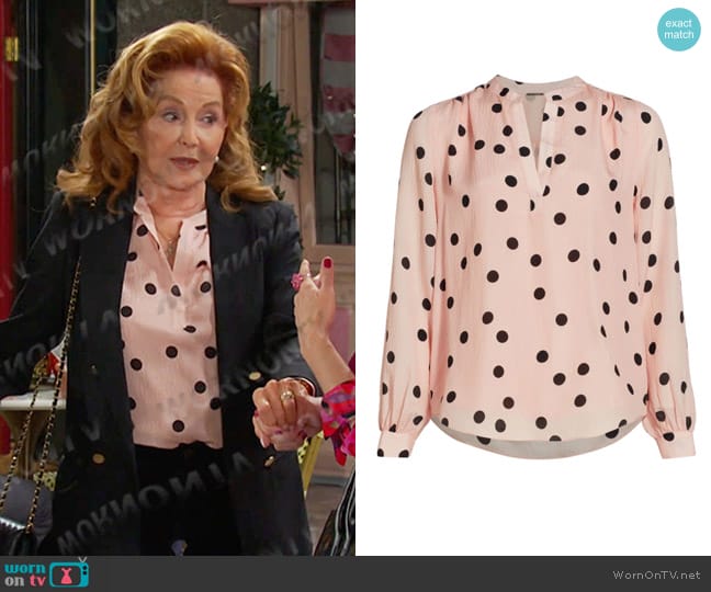 Elie Tahari The Lara Dot Silk Blouse in Pink worn by Maggie Horton (Suzanne Rogers) on Days of our Lives