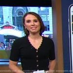 Elizabeth’s black scalloped cardigan and printed skirt on Good Morning America