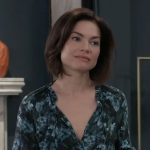 Elizabeth’s blue floral blouse on General Hospital