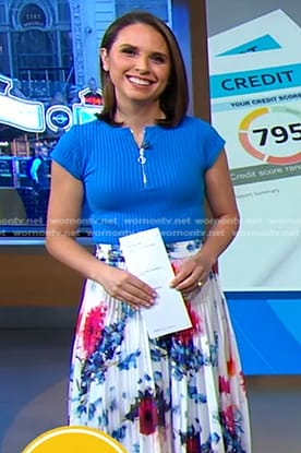 Elizabeth's blue ribbed top and floral pleated skirt on Good Morning America