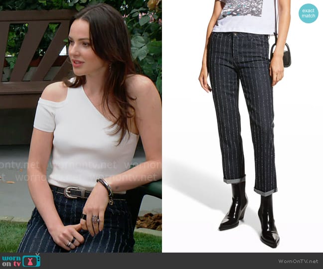 Emporio Armani Textured Pinstripe Denim Chino Pants worn by Tessa Porter (Cait Fairbanks) on The Young and the Restless