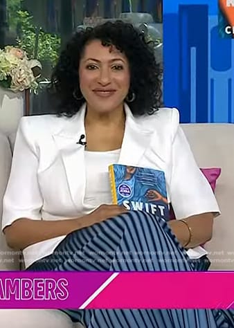 Essie Chambers’s white short sleeve blazer and blue striped skirt on Today