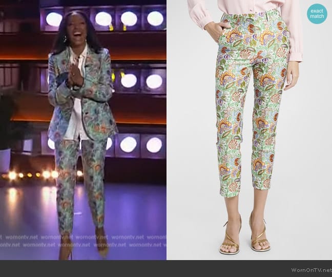 Etro Tree of Life Brocade Cropped Slim Pants worn by Aisha Tyler on The Kelly Clarkson Show