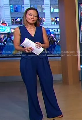 Eva's blue vest and pants on Good Morning America